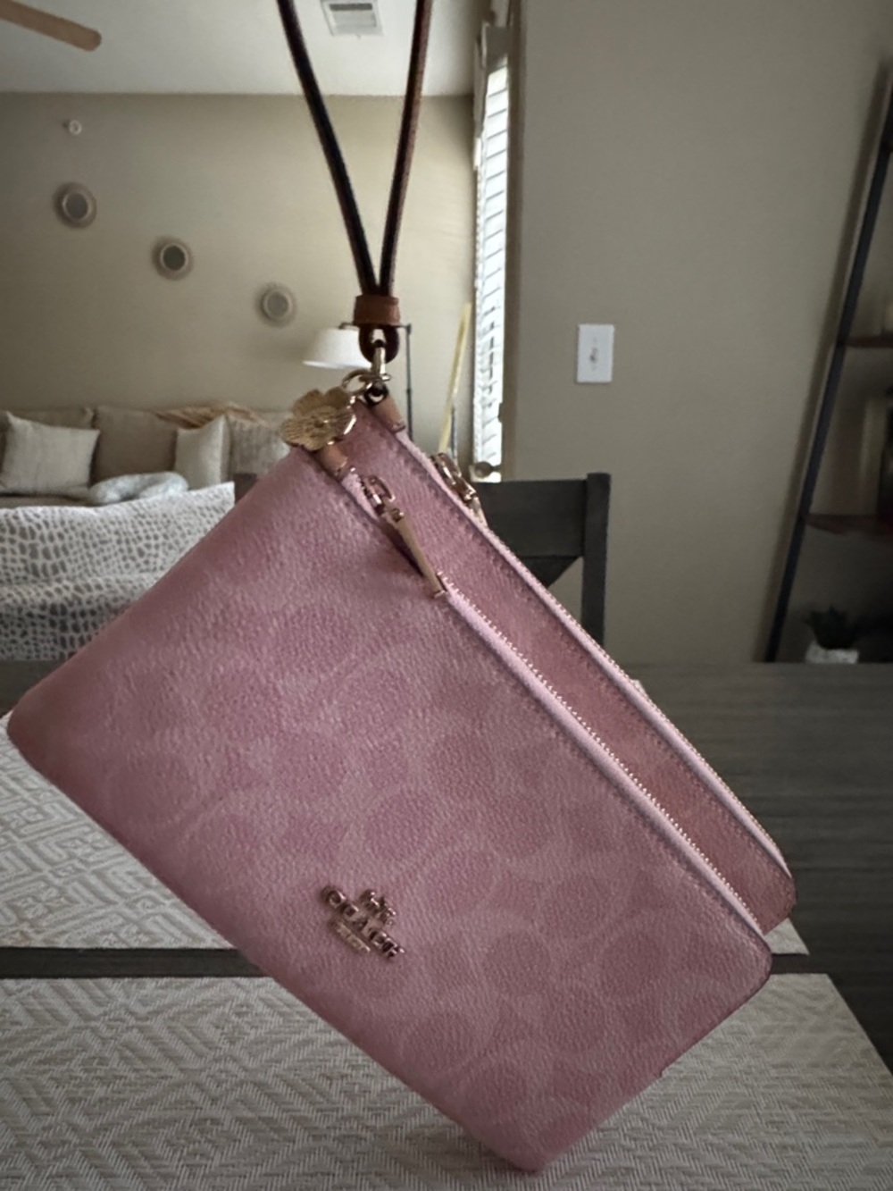 Coach Powder Pink Signature Double Zip Wristlet